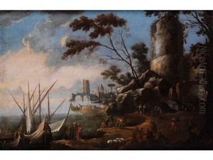 Landschaft Mit Antikem Turm Und Hafen Mit Booten Landschaft Mit Antikem Turm Und Hafen Mit Booten