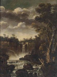 A Wooded Landscape With Figures Near A Waterfall by Bartolomeo Torreggiani