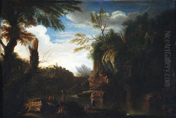 Paesaggio Montuoso Con Rocca, Ansa Di Un Fiume Con Personaggi - view 1