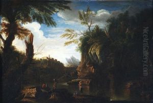 Paesaggio Montuoso Con Rocca, Ansa Di Un Fiume Con Personaggi by Bartolomeo Torreggiani
