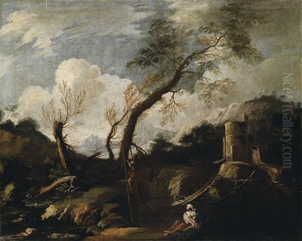Gebirgige Landschaft Mit Einer Mutter Mit Kind Und Einem Mann, Der Auf Einer Leiter Einen Baum Hinaufsteigt - view 1