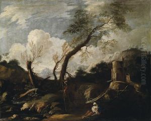 Gebirgige Landschaft Mit Einer Mutter Mit Kind Und Einem Mann, Der Auf Einer Leiter  Einen Baum Hinaufsteigt by Bartolomeo Torreggiani