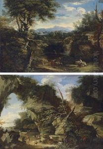 An Italianate Wooded Landscape With Cowherds On A Path (+ An Wooded Landscape With A Rock Gate; Pair)