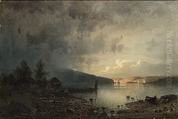 Insjolandskap Med Figurer Och Bat - view 1