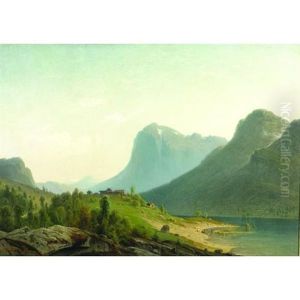 An Extensive Fjord Scene With Farm Buildings On A Hill by Harald (Sten H.) Torsslow