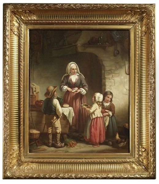 Kucheninterieur. Eine Mutter Versorgt Ihre Kinder Mit Brot - view 1