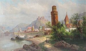 Flusslandschaft Mit Malerischer Ruine Und Mittelalterlichem Stadtchen