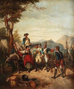 Resting Prussian Soldiers With Young Italian Woman In Campania by Alfred Touchemolin