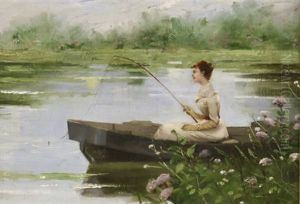 A Woman Fishing From A Punt by Toulmouche Auguste