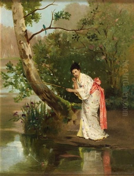 Jeune Femme En Kimono, Pechant A La Ligne - view 1