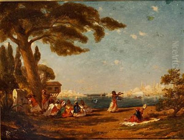 Scene From Constantinople With People Playing Music And A Lady Dancing - view 1