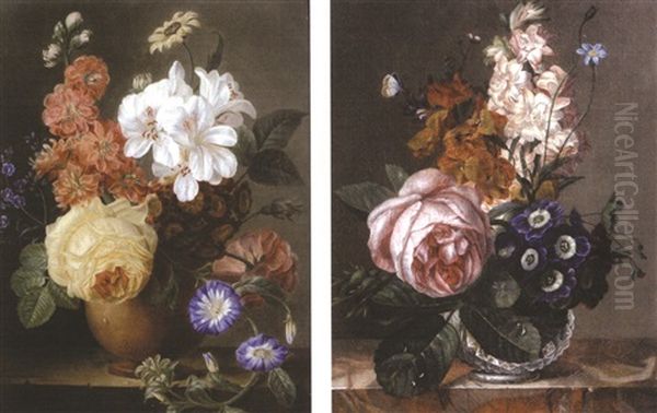 Vase De Fleurs Avec Une Rose Et Bleuets Sur Un Entablement (+ Vase De Fleurs Avec Une Rose Jaune Et Des Pequerettes Sur Un Entablement, Pair) - view 1
