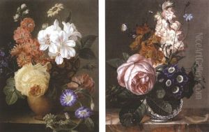 Vase De Fleurs Avec Une Rose Et Bleuets Sur Un Entablement (+ Vase De Fleurs Avec Une Rose Jaune Et Des Pequerettes Sur Un Entablement, Pair) by Jean Ulrich Tournier