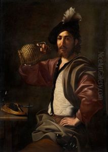Junger Landsknecht Am Esstisch Mit Weinflasche