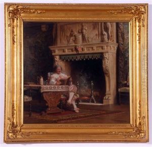 Interior With Gent Seated By A Fire by Alfred Holst Tourrier