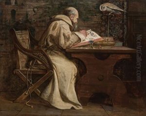 A Monk Illuminating A Manuscript With Perched Owl Looking On