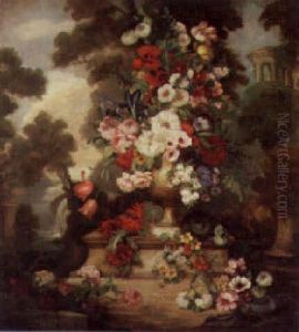 An Urn Of Mixed Summer Flowers On A Plinth In A Formal Garden by Anatole Louis Toussaint