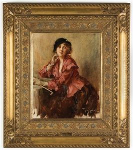 Young Lady With Red Coat And Umbrella by Fernand Toussaint