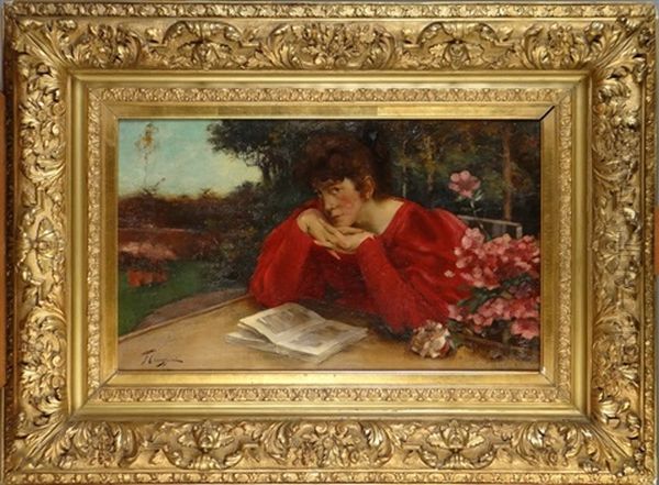 Dame A La Robe Rouge Et Son Livre - view 1
