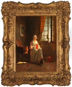 Woman Knitting In An Interior by Pierre Joseph Toussaint