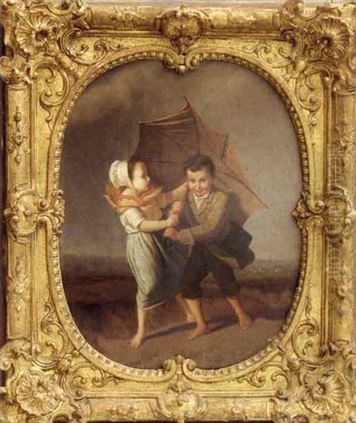 Couple D'enfants Luttant Contre La Tempete - view 1