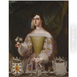 Portrait Of Dona Josefa De Benavides, Marquesa De Villena Y Duquesa De Escalona, Holding A Small Bunch Of Flowers And A Fan by Miguel Alonso De Tovar