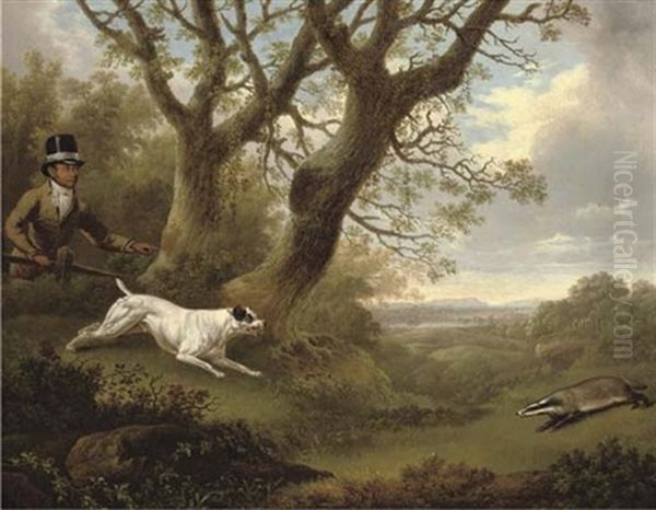A Bull Terrier Approaching A Badger, With A Servant Looking On, In A Landscape - view 1