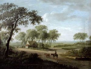 A Drover With Cattle On A Track, A Cottage Beyond