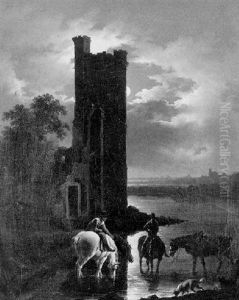 Riders With Horses At A River By A Ruined Tower In Moonlight by Charles Towne the Younger