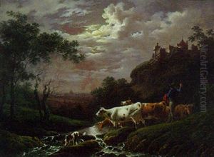 A Moonlit Landscape With A Drover, Cattle And A Dog, Castle And Town Beyond by Charles Towne the Younger