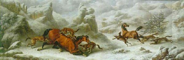 Two Horses Being Chased By Wolves In A Landscape - view 1