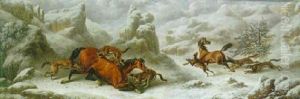 Two Horses Being Chased By Wolves In A Landscape by Charles Towne the Younger