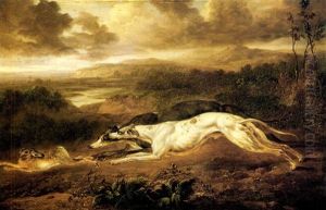A Pair Of Greyhounds Chasing A Hare by Charles Towne the Younger