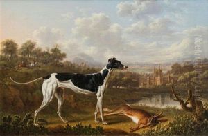 A Greyhound With A Dead Hare In A River Landscape With Woodland And A Church