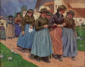Junge Frauen In Tiroler Tracht Auf Dem Weg Zur Kirche by Franz Brenner
