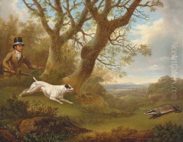 A Bull Terrier Approaching A Badger, With A Servant Looking On, In A Landscape - view 1