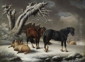 Horses And Sheep In A Winter Landscape