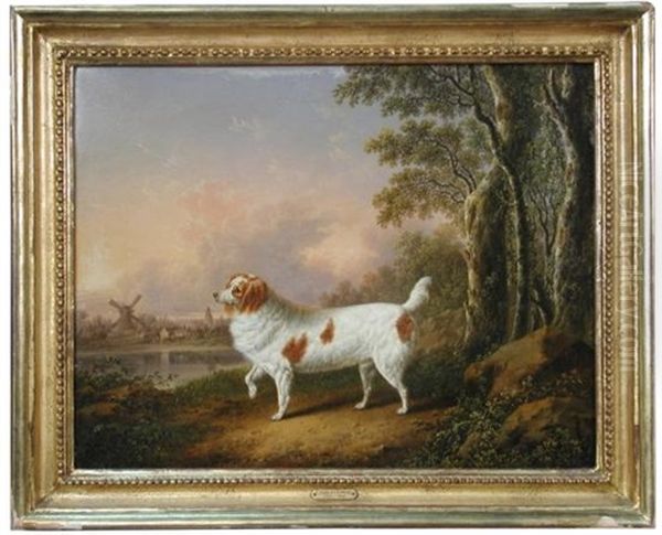 A Marlborough Spaniel In A Wooded Landscape, A Windmill Beyond - view 1