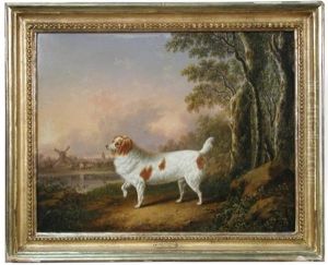 A Marlborough Spaniel In A Wooded Landscape, A Windmill Beyond