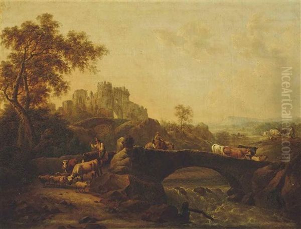 Drovers With Cattle Crossing A Bridge - view 1