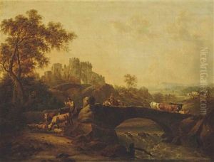 Drovers With Cattle Crossing A Bridge by Charles Towne