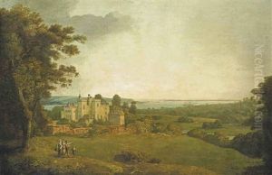 A View Of Powderham Castle, Devon, With Figures And Deer In The Park, The River Exe With Shipping Beyond by Francis Towne