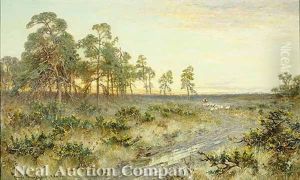 A Sunset Landscape With A Shepherd And His Flock by James Townshend
