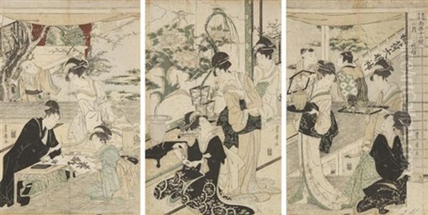 Triptyque Oban Tate-e De La Serie < Toyokuni Toyohiro Ryoga Juniko >, Douze Mois Par Deux Artistes, Toyokuni Et Toyohiro, Planche < Nigatsu Sanmai Tsuzuki >, Representant Le Deuxieme Mois, Preparations Du Festival D"inari Au Yoshiwara - view 1