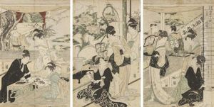 Triptyque Oban Tate-e De La Serie < Toyokuni Toyohiro Ryoga Juniko >, Douze Mois Par Deux Artistes, Toyokuni Et Toyohiro, Planche < Nigatsu Sanmai Tsuzuki >, Representant Le Deuxieme Mois, Preparations Du Festival D"inari Au Yoshiwara