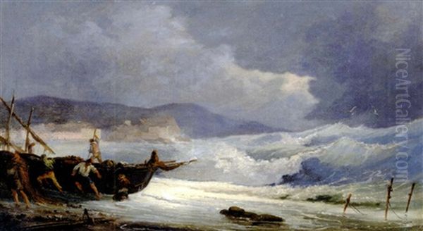 Pecheurs Rentrant Leur Barque Sur Les Ponchettes - view 1