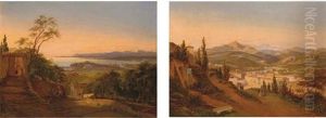 Nice, Le Port, La Citadelle, Le Vieux-nice Et La Baie Des Anges, Vus De La Grande Corniche (+ La Vallee Du Paillon Vue De La Route De Genes; Pair) by Ercole, Hercule Trachel