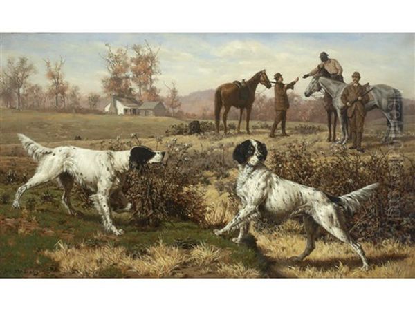 Setters On Point With Hunting Party - view 1