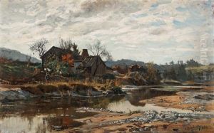 River Landscape With A Boy By A House (probably A Scene From The River Isar In Bavaria) by Carl Ludwig Traegardh