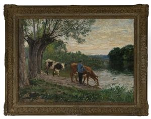 Franskt Sommarlandskap Med Vallpojke Och Kor Vid Vattendrag by Carl Ludwig Traegardh